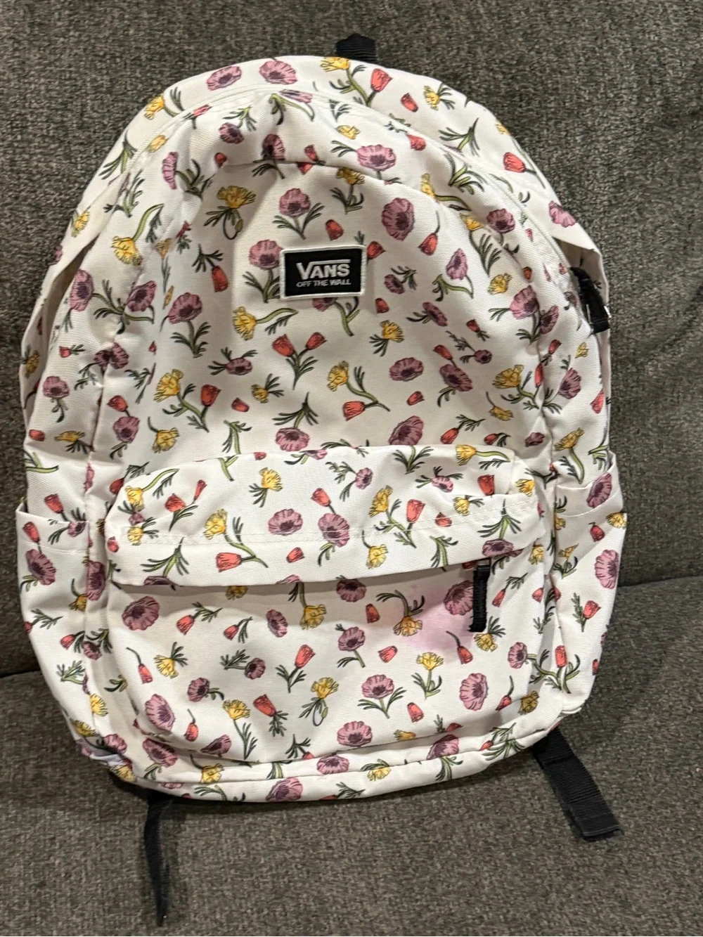 Vans Old Skool White Floral Canvas Backpack with Pink & Yellow Blossoms